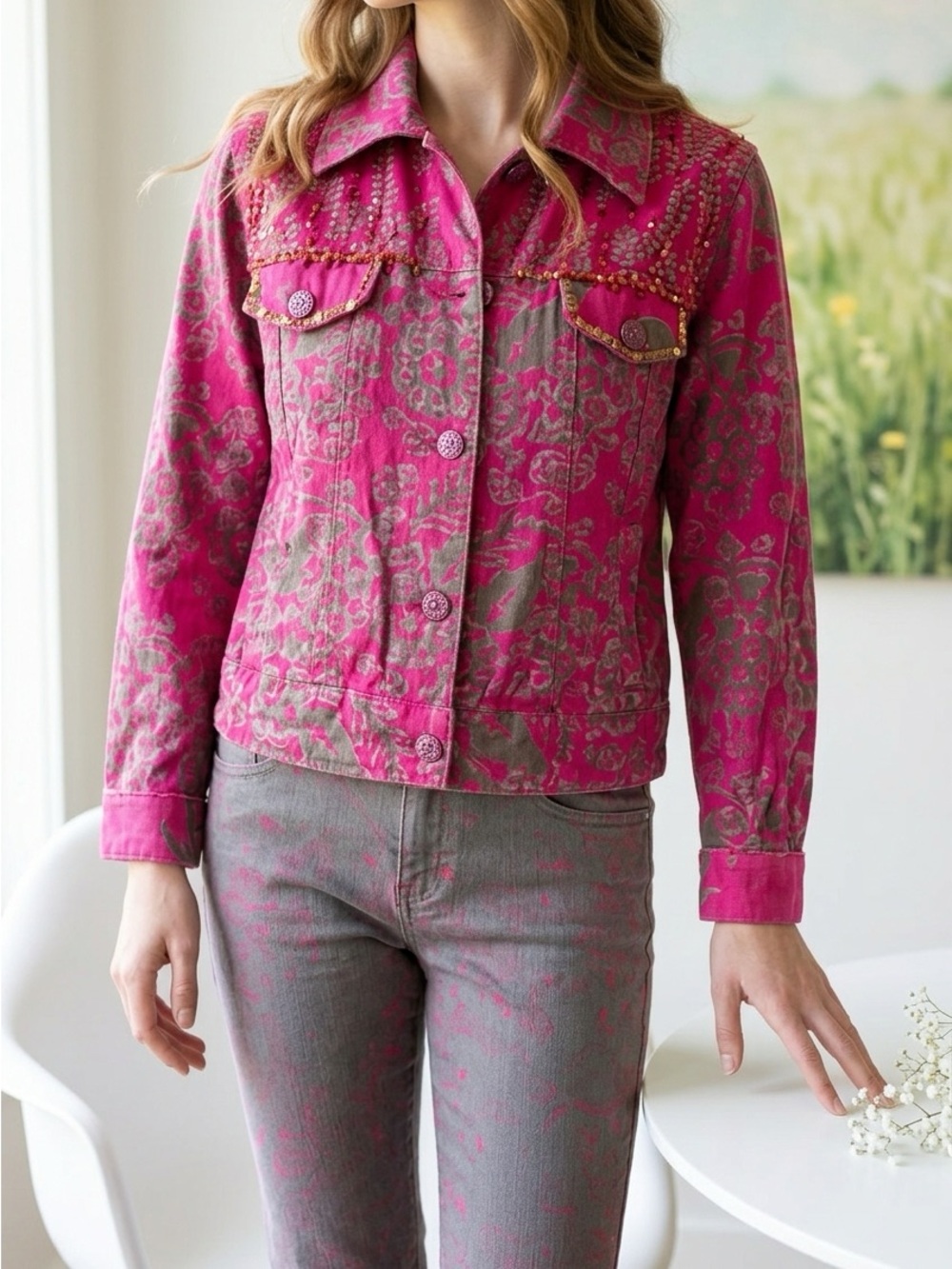 Fuchsia Pre Owned Floral-Print Bomber Jacket with beads Detail